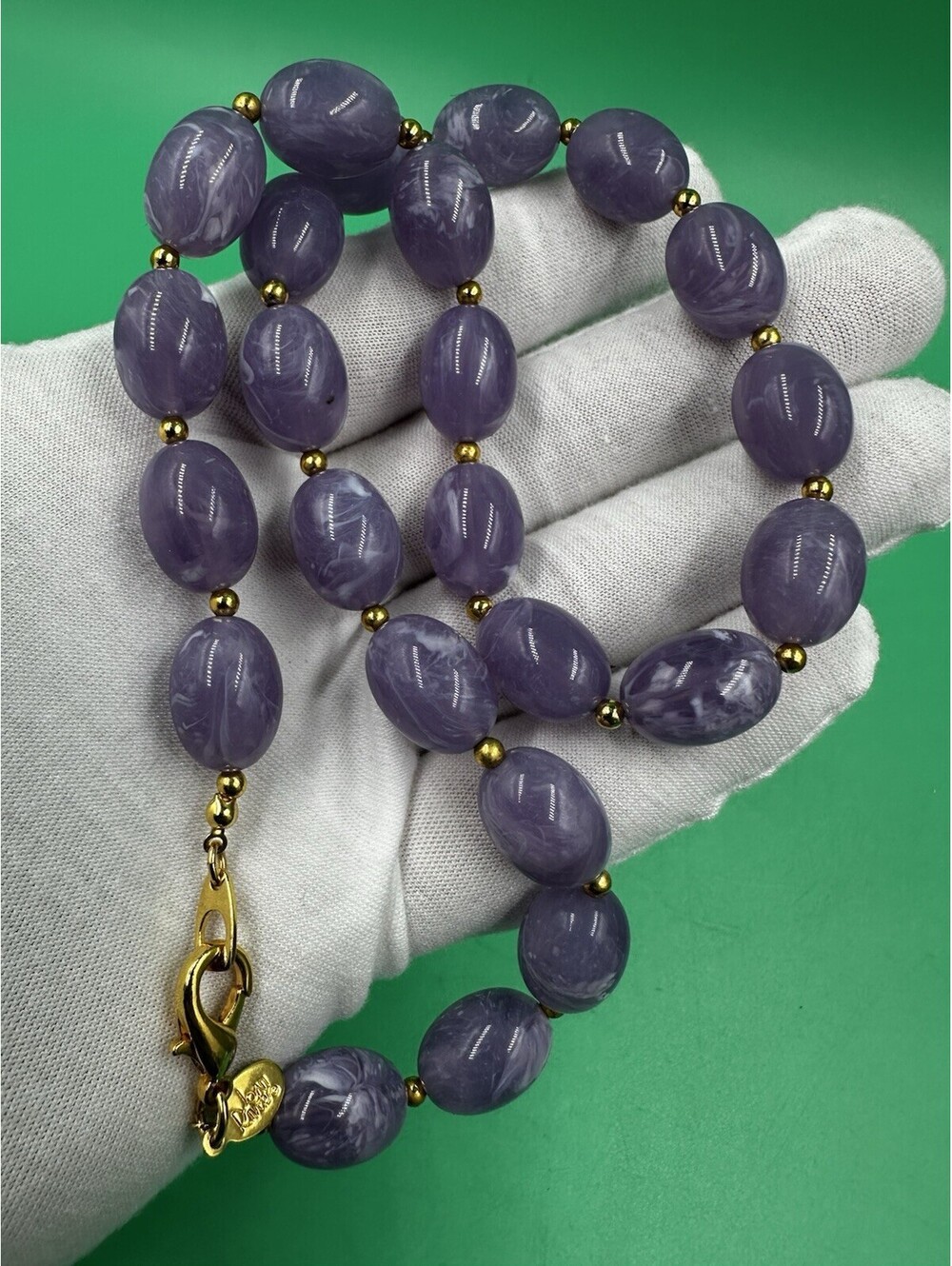 Vintage Joan Rivers Purple Lucite Amethyst Color Oval Beads Necklace Signed 18”